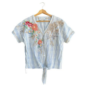 PAPARAZZI Crop Boho Top Women’s M Plaid Embroidered Knot Front Short Sleeve